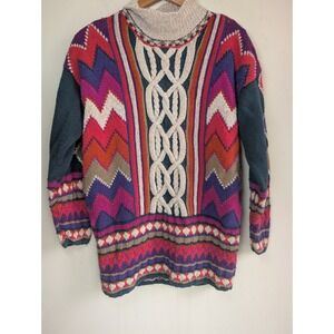 EGRETS SUN PRINTS Vintage‎ Hand Knit Sweater Womens L Maximalist Chunky Chevron